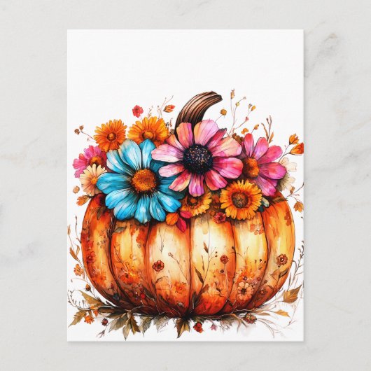 Waterverf Bloemen Herfst Pompoen Briefkaart (Voorkant)