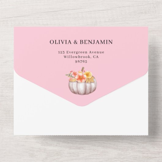 Waterverf Bloemen Herfst Roze Pompoen Herfst Bruil All In One Uitnodiging (Achterkant)
