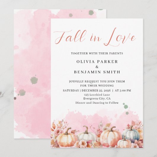Waterverf Bloemen Herfst Roze Pompoen Herfst Bruil Kaart (Voorkant / Achterkant)