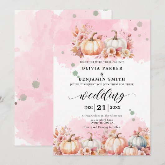 Waterverf Bloemen Herfst Roze Pompoen Herfst Bruil Kaart (Voorkant / Achterkant)
