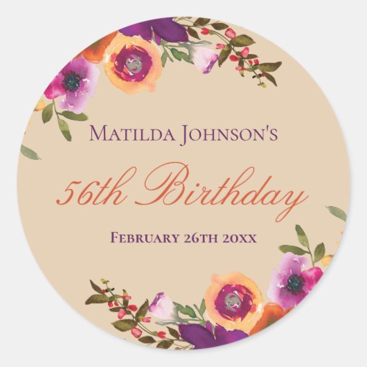Waterverf Bloemen Herfst Verjaardagsfeest Ronde Sticker (Voorkant)