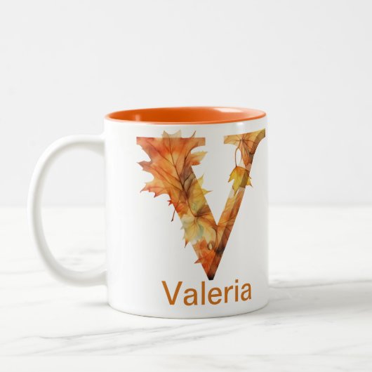 Waterverf Bloemen Herfstbladeren Letter V Monogram Tweekleurige Koffiemok (Links)