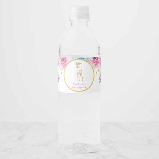 Waterverf Bloemen Herten Meisje Baby shower Waterfles Etiket (Voorkant)