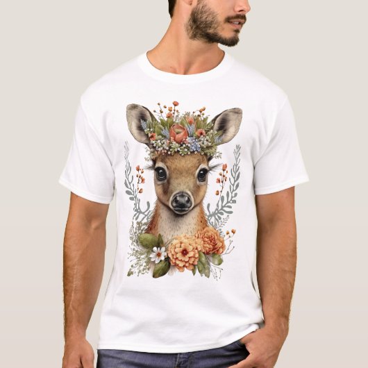 Waterverf Bloemen Herten Schattige T-shirt (Voorkant)