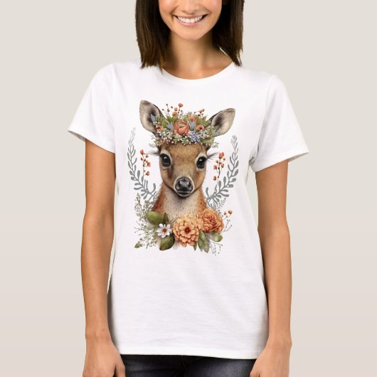 Waterverf Bloemen Herten Schattige T-shirt (Voorkant)