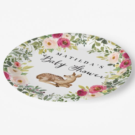 Waterverf Bloemen Herten Woodland baby shower Part Papieren Bordje (Gekanteld)