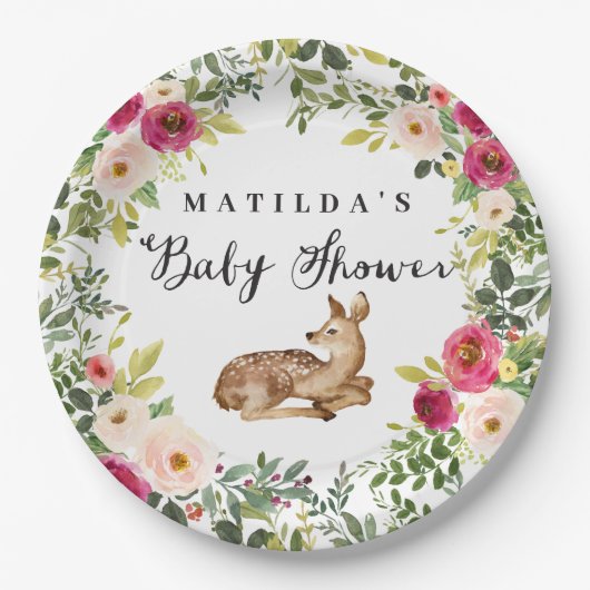 Waterverf Bloemen Herten Woodland baby shower Part Papieren Bordje (Voorkant)