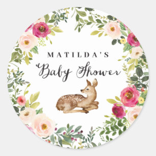Waterverf Bloemen Herten Woodland baby shower Part Ronde Sticker