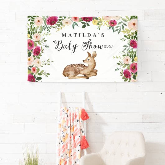 Waterverf Bloemen Herten Woodland baby shower Part Spandoek (Insitu)