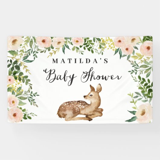 Waterverf Bloemen Herten Woodland baby shower Part Spandoek (Horizontaal)