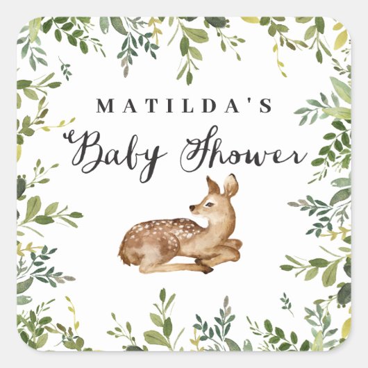 Waterverf Bloemen Herten Woodland baby shower Part Vierkante Sticker (Voorkant)