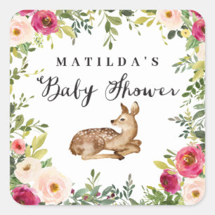 Waterverf Bloemen Herten Woodland baby shower Part Vierkante Sticker