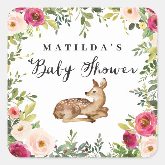 Waterverf Bloemen Herten Woodland baby shower Part Vierkante Sticker (Voorkant)