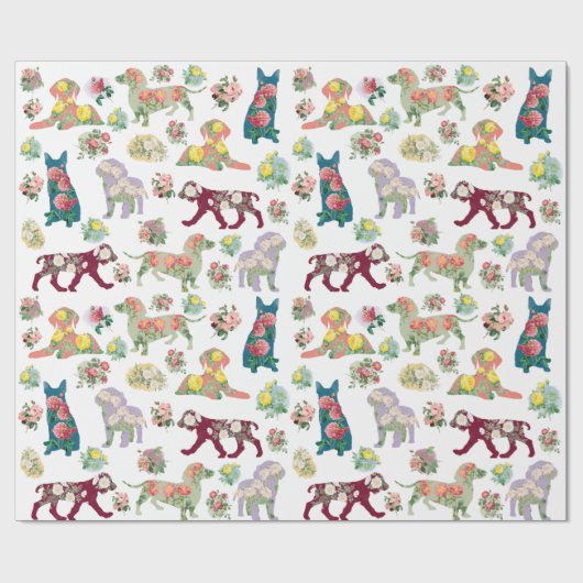  Waterverf bloemen & honden Patroon Cadeaupapier (Vlak)