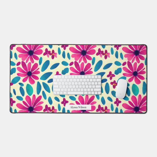 Waterverf Bloemen Hot Pink & Blue Pattern Bureaumat (Keyboard & Muis)