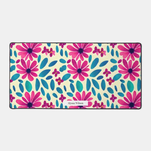 Waterverf Bloemen Hot Pink & Blue Pattern Bureaumat (Voorkant)