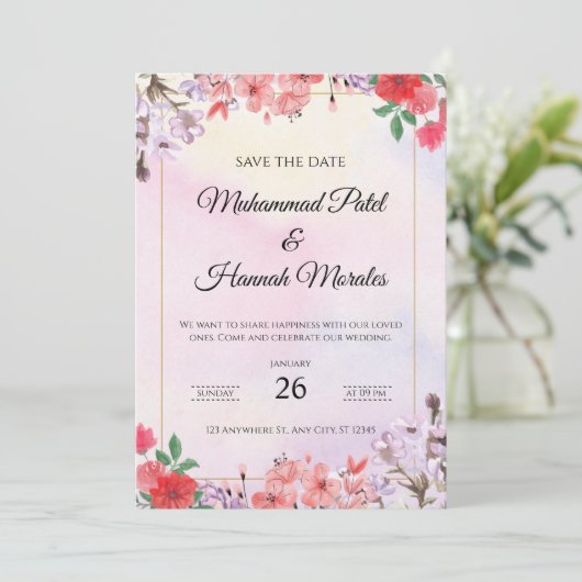 Waterverf Bloemen Huwelijksuitnodiging Elegant Kaart (Staand voorkant)