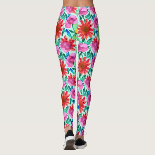 Waterverf Bloemen in Blauwgroen, rood en roze Leggings (Achterkant)