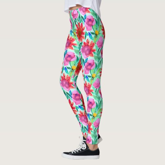 Waterverf Bloemen in Blauwgroen, rood en roze Leggings (Links)