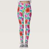 Waterverf Bloemen in Blauwgroen, rood en roze Leggings (Voorkant)