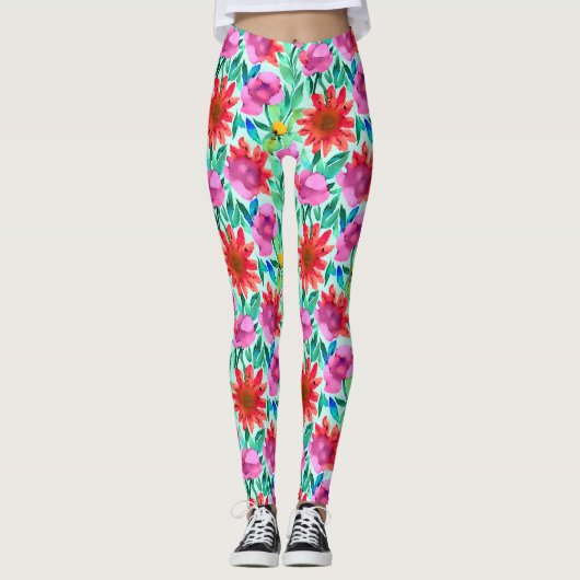 Waterverf Bloemen in Blauwgroen, rood en roze Leggings (Voorkant)