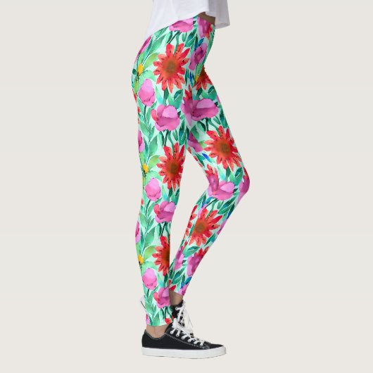 Waterverf Bloemen in Blauwgroen, rood en roze Leggings (Rechts)