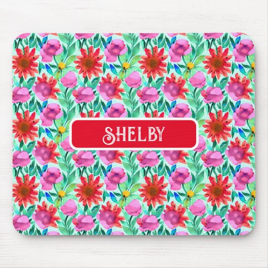 Waterverf Bloemen in Blauwgroen, rood en roze Muismat (Voorkant)