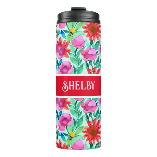 Waterverf Bloemen in Blauwgroen, rood en roze Thermosbeker (Voorkant)