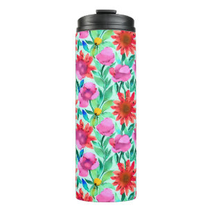 Waterverf Bloemen in Blauwgroen, rood en roze Thermosbeker