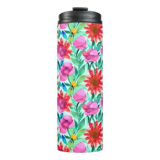 Waterverf Bloemen in Blauwgroen, rood en roze Thermosbeker (Voorkant)