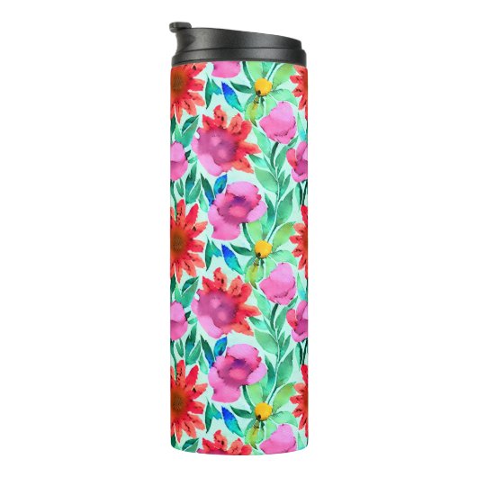 Waterverf Bloemen in Blauwgroen, rood en roze Thermosbeker (Geroteerd rechts)