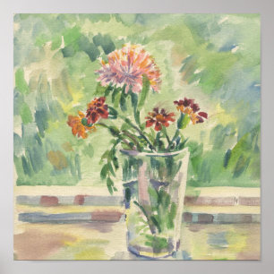 Waterverf bloemen in een glas, geen raam poster