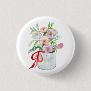 Waterverf bloemen in een vaas met rib ronde button 3,2 cm