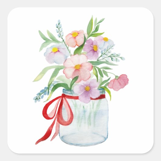 Waterverf bloemen in een vaas met rib vierkante sticker (Voorkant)