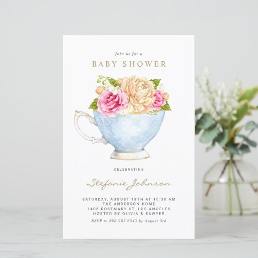 Waterverf bloemen in het Baby shower Teacup (Staand voorkant)