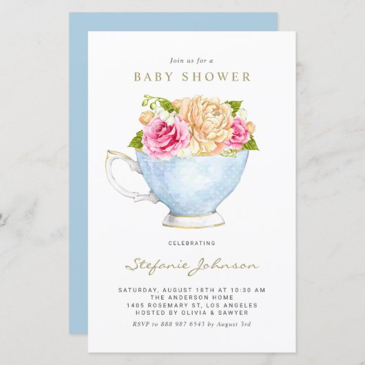 Waterverf bloemen in het Baby shower Teacup (Voorkant / Achterkant)