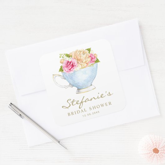 Waterverf bloemen in het Vrijgezellenfeest Teacup Vierkante Sticker (Envelop)