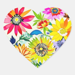 Waterverf Bloemen in roze en geel Hart Sticker