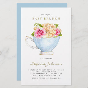 Waterverf bloemen in Teacup Baby Brunch Invite