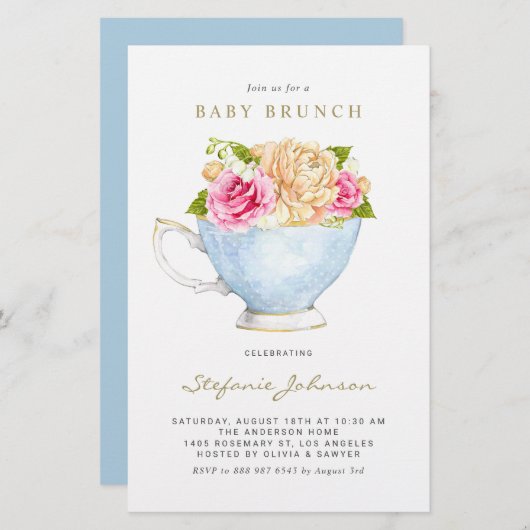 Waterverf bloemen in Teacup Baby Brunch Invite (Voorkant / Achterkant)
