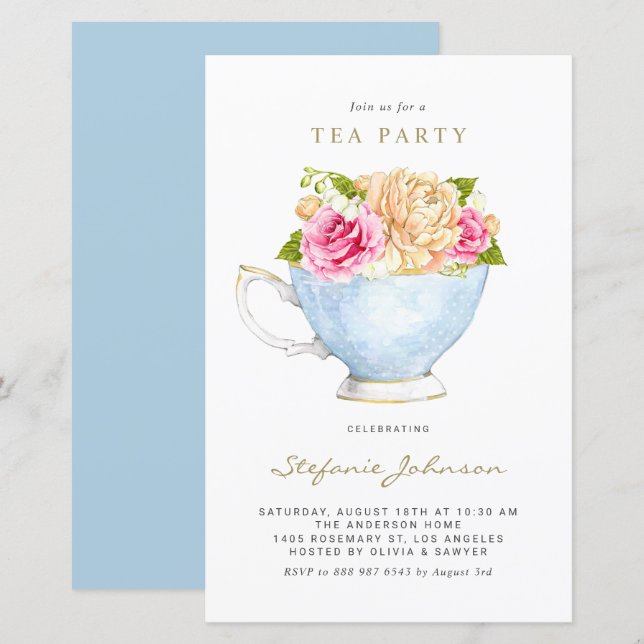 Waterverf bloemen in Teacup Tea Party Invitation (Voorkant / Achterkant)