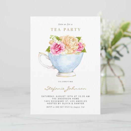 Waterverf bloemen in Teacup Tea Party Kaart (Staand voorkant)
