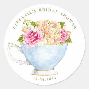 Waterverf Bloemen in Theekop Bruidsdiner Ronde Sticker