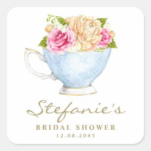 Waterverf Bloemen in Theekop Bruidsdouche Vierkante Sticker