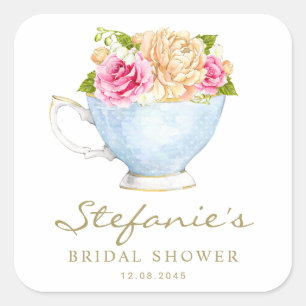 Waterverf Bloemen in Theekop Bruidsdouche Vierkante Sticker