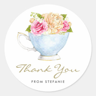 Waterverf Bloemen in Theekopje Thee Feestje Bedank Ronde Sticker