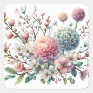 Waterverf bloemen in zachte pastelkleuren  vierkante sticker