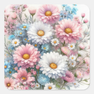 Waterverf Bloemen in zachte pastels Vierkante Sticker