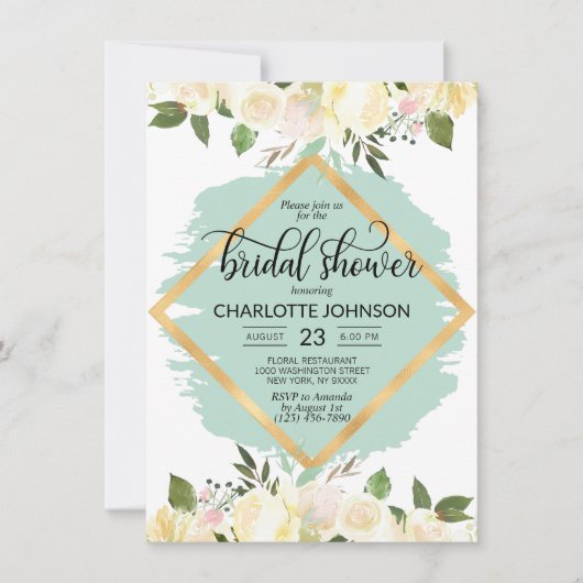 Waterverf Bloemen Ivoor Mint Goud Vrijgezellenfees Kaart (Voorkant)