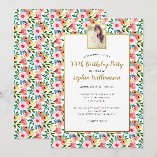 Waterverf bloemen, je foto, Birthday Party Kaart (Voorkant / Achterkant)